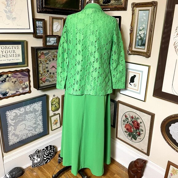 70s Vintage Kelly Green High Waist Sleeveless Polyester Dress with Lace Jacket - Picture 4 of 9